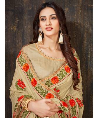Beige Embroidered Art Silk saree with blouse 5