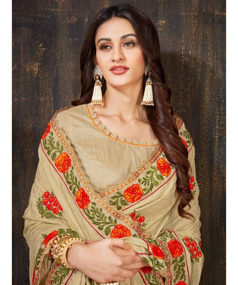 Beige Embroidered Art Silk saree with blouse