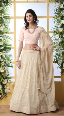 Beige Sequence Thread Embroidery Georgette Semi Stitched Lehenga 1