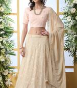 Beige Sequence Thread Embroidery Georgette Semi Stitched Lehenga