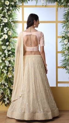 Beige Sequence Thread Embroidery Georgette Semi Stitched Lehenga 2