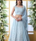 Sky-Blue Sequence Thread Embroidery Georgette Semi Stitched Lehenga