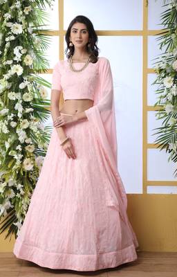 Baby-Pink Sequence Thread Embroidery Georgette Semi Stitched Lehenga 1
