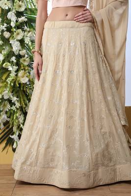 Beige Sequence Thread Embroidery Georgette Semi Stitched Lehenga 3