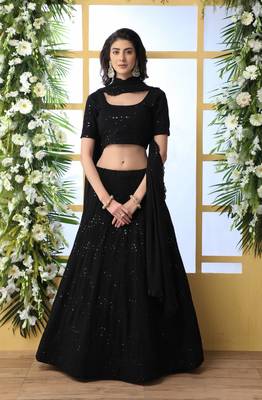 Black Sequence Thread Embroidery Georgette Semi Stitched Lehenga 1