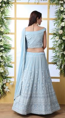 Sky-Blue Sequence Thread Embroidery Georgette Semi Stitched Lehenga 2