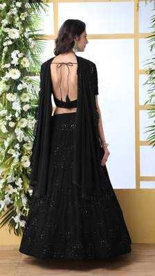 Black Sequence Thread Embroidery Georgette Semi Stitched Lehenga 2