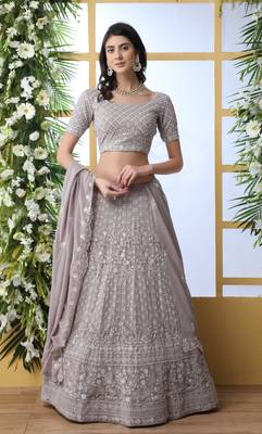Grey Sequence Thread Embroidery Georgette Semi Stitched Lehenga 1