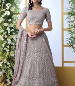 Grey Sequence Thread Embroidery Georgette Semi Stitched Lehenga