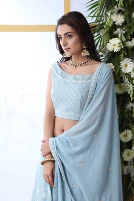 Sky-Blue Sequence Thread Embroidery Georgette Semi Stitched Lehenga 4