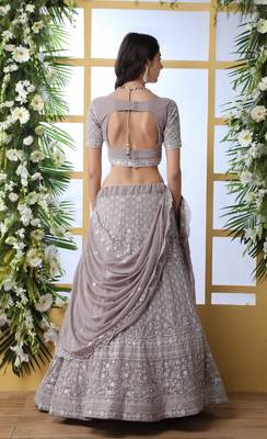 Grey Sequence Thread Embroidery Georgette Semi Stitched Lehenga 2