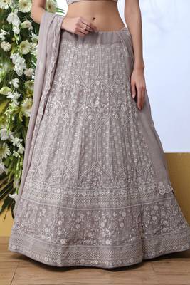 Grey Sequence Thread Embroidery Georgette Semi Stitched Lehenga 3