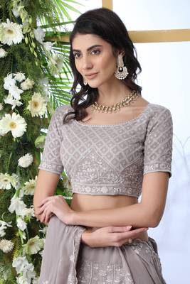 Grey Sequence Thread Embroidery Georgette Semi Stitched Lehenga 4