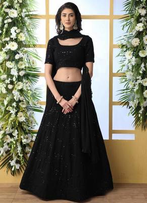 Black Plain Georgette Unstitched Lehenga 1