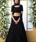 Black Plain Georgette Unstitched Lehenga