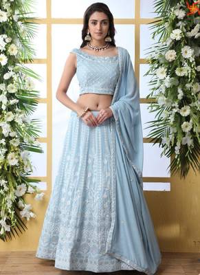 Blue Plain Georgette Unstitched Lehenga 1