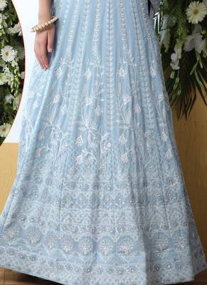 Blue Plain Georgette Unstitched Lehenga 3