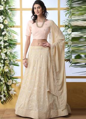 Beige Plain Georgette Unstitched Lehenga 1