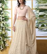 Beige Plain Georgette Unstitched Lehenga