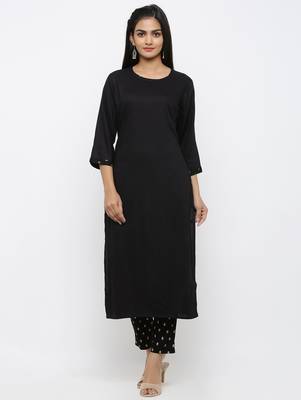 Women's Black Rayon Solid Straight Kurta Pant Set 1