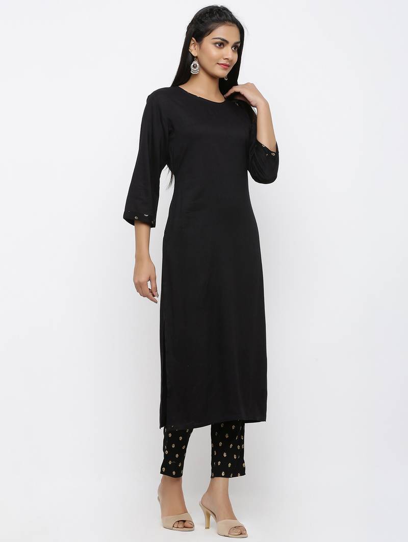 Women's Black Rayon Solid Straight Kurta Pant Set