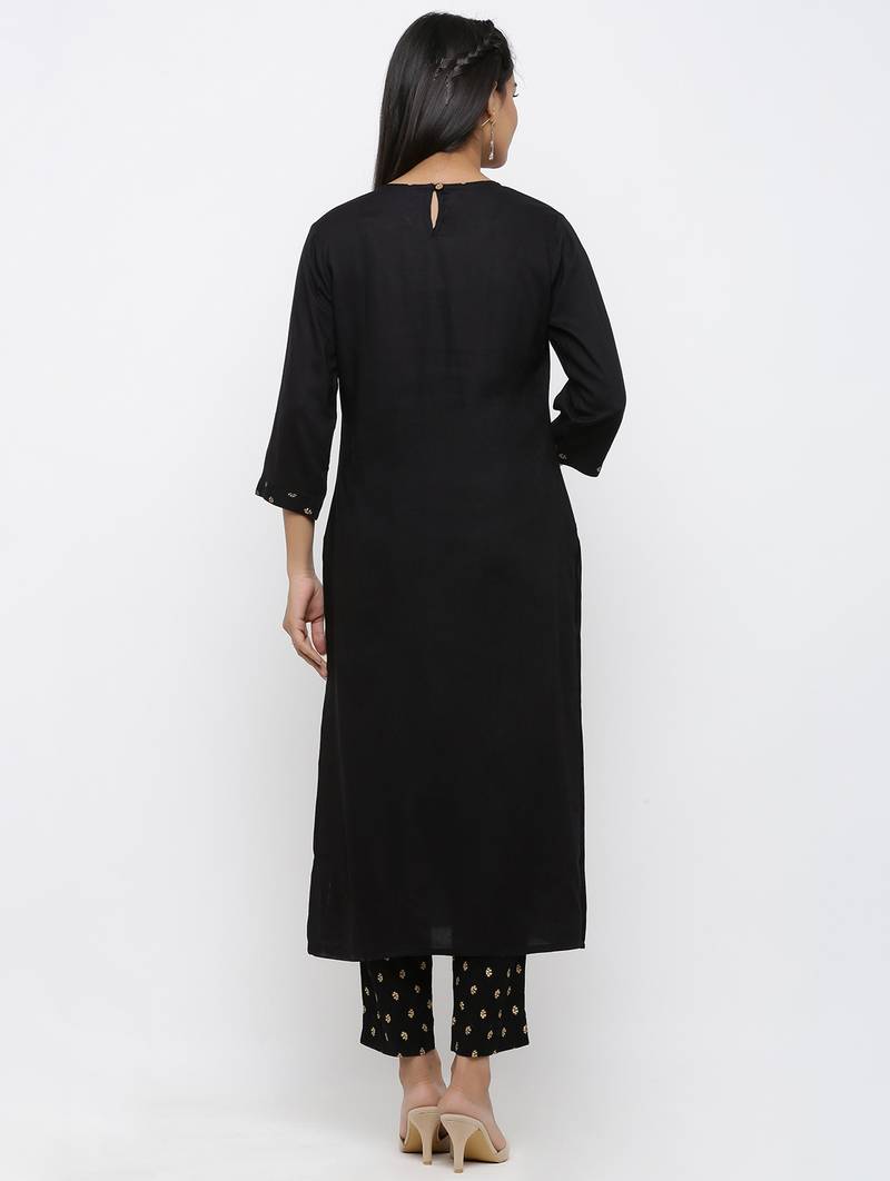 Women's Black Rayon Solid Straight Kurta Pant Set