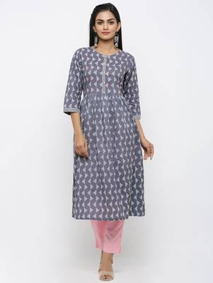 Women's Grey Pure Cotton Printed & Embroidered A-line Kurta Pant Set 1