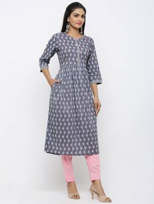 Women's Grey Pure Cotton Printed & Embroidered A-line Kurta Pant Set 2