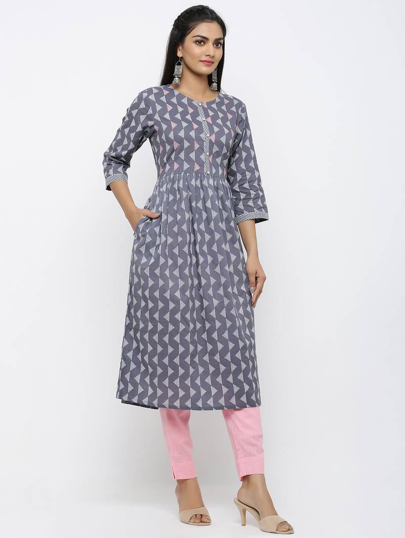 Women's Grey Pure Cotton Printed & Embroidered A-line Kurta Pant Set