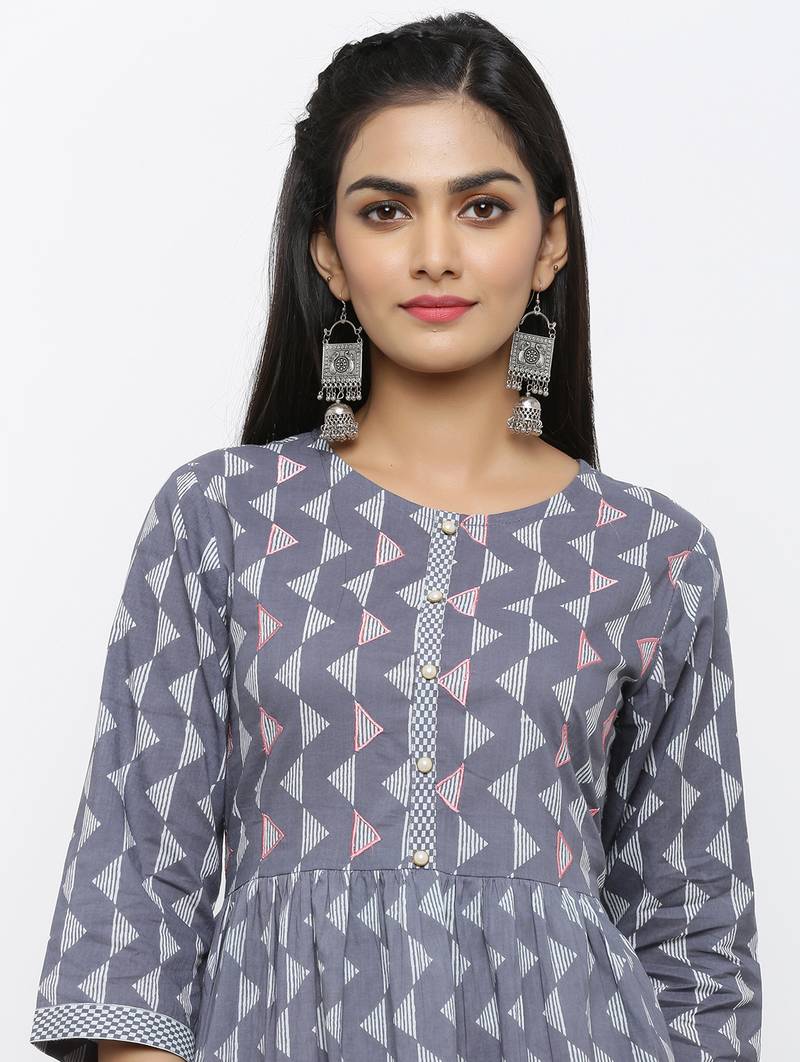 Women's Grey Pure Cotton Printed & Embroidered A-line Kurta Pant Set