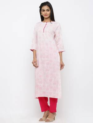 Women's White Cotton Slub Printed Straight Kurta Pant Set 1
