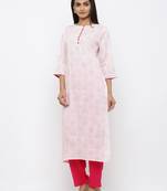 Women's White Cotton Slub Printed Straight Kurta Pant Set