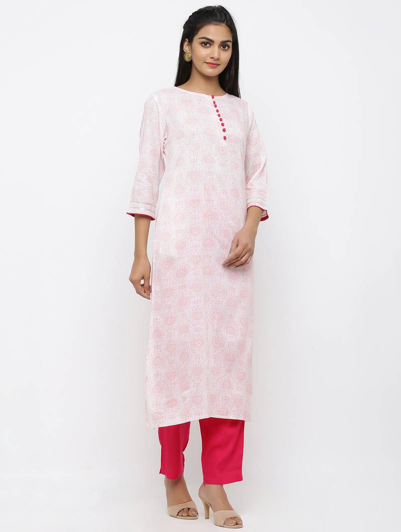 Women's White Cotton Slub Printed Straight Kurta Pant Set