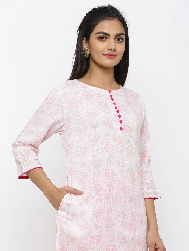 Women's White Cotton Slub Printed Straight Kurta Pant Set