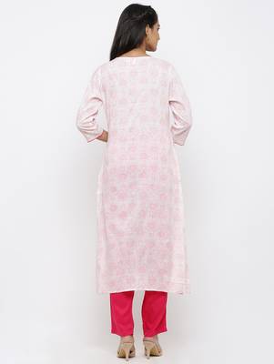 Women's White Cotton Slub Printed Straight Kurta Pant Set 5