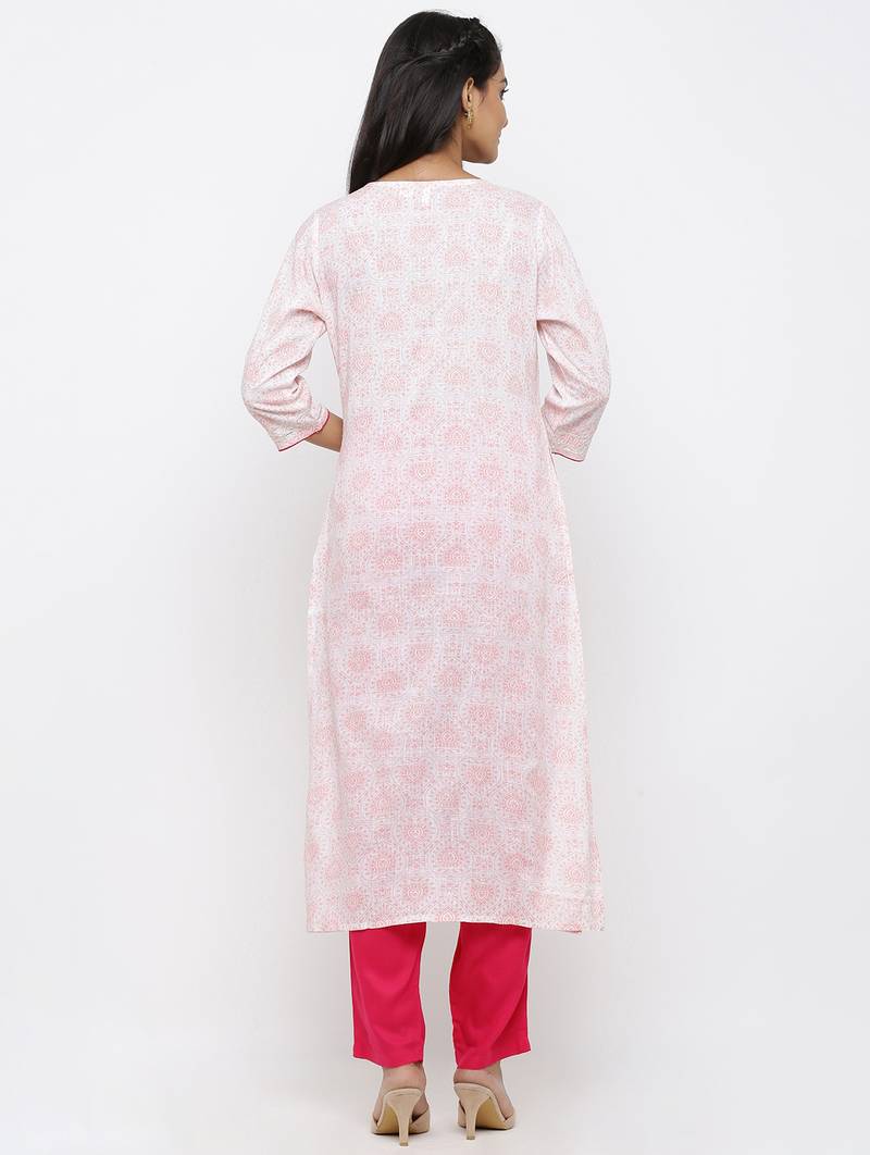 Women's White Cotton Slub Printed Straight Kurta Pant Set