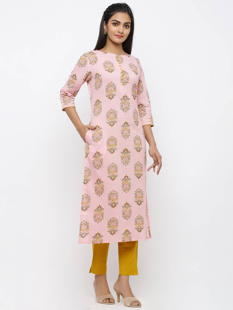 Women's Light Pink Cotton Printed Straight Kurta Pant Set