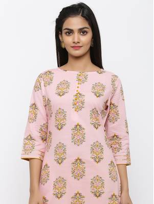 Women's Light Pink Cotton Printed Straight Kurta Pant Set 4