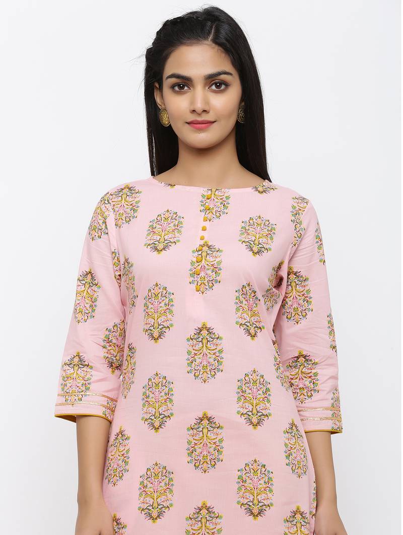 Women's Light Pink Cotton Printed Straight Kurta Pant Set