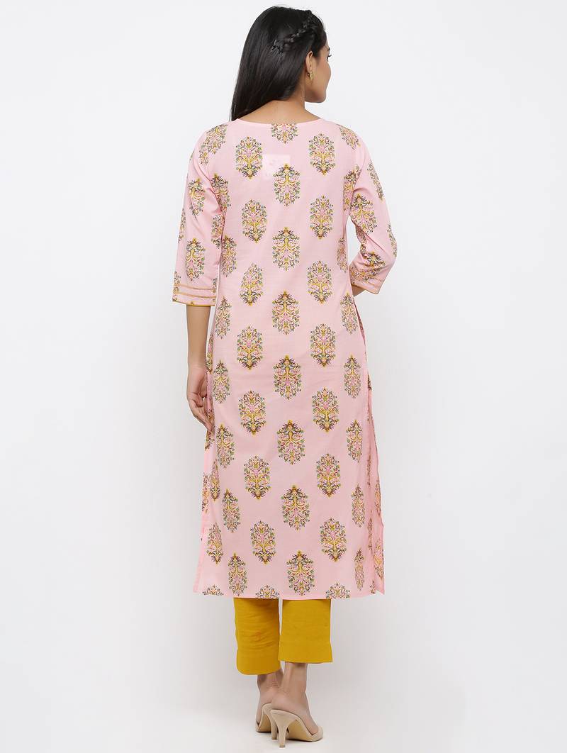 Women's Light Pink Cotton Printed Straight Kurta Pant Set