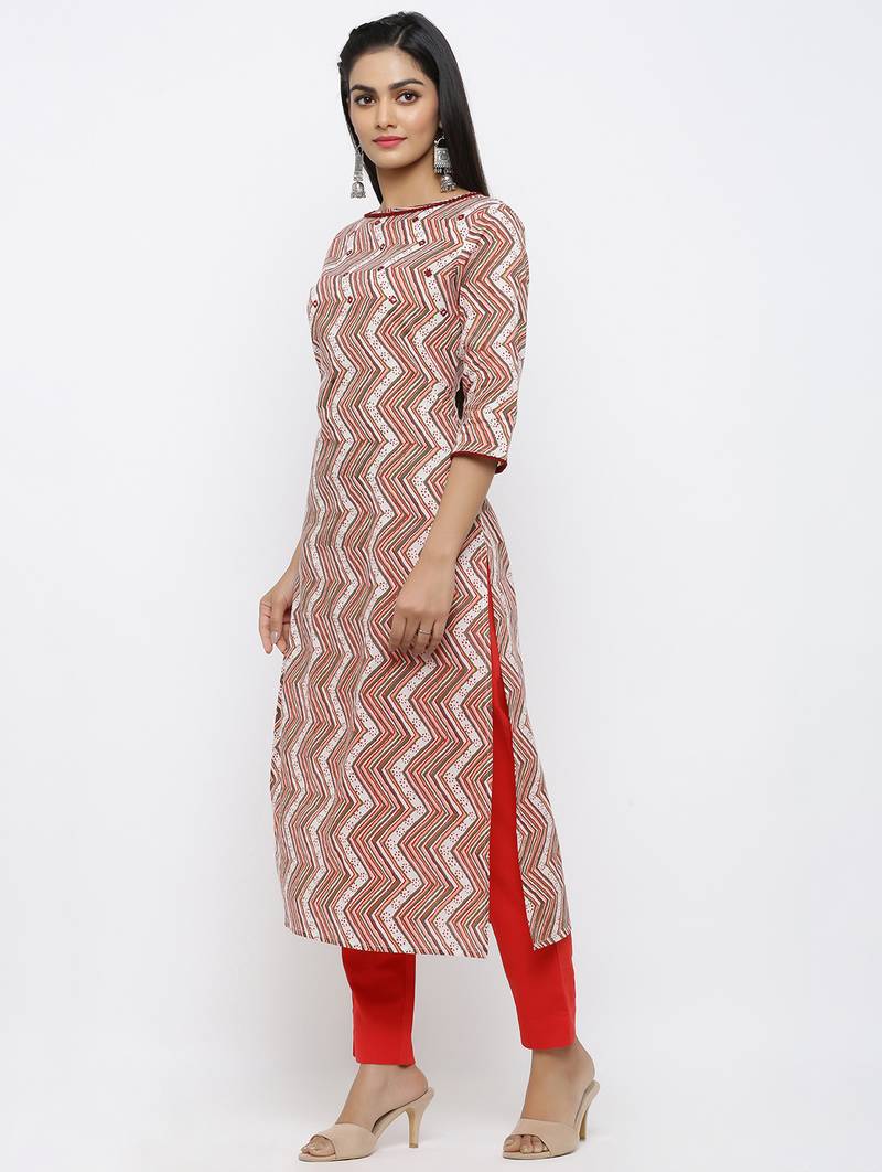 Women's White Cotton Printed & Embroidery Straight Kurta Pant Set