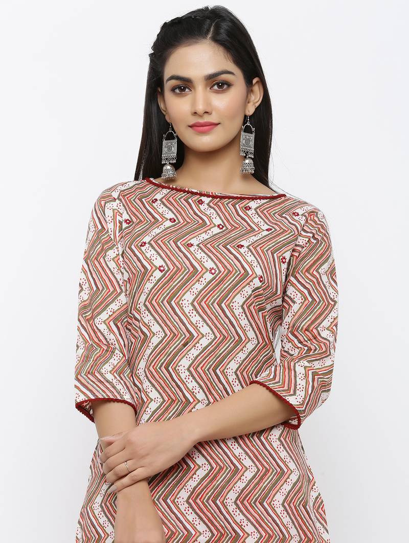 Women's White Cotton Printed & Embroidery Straight Kurta Pant Set