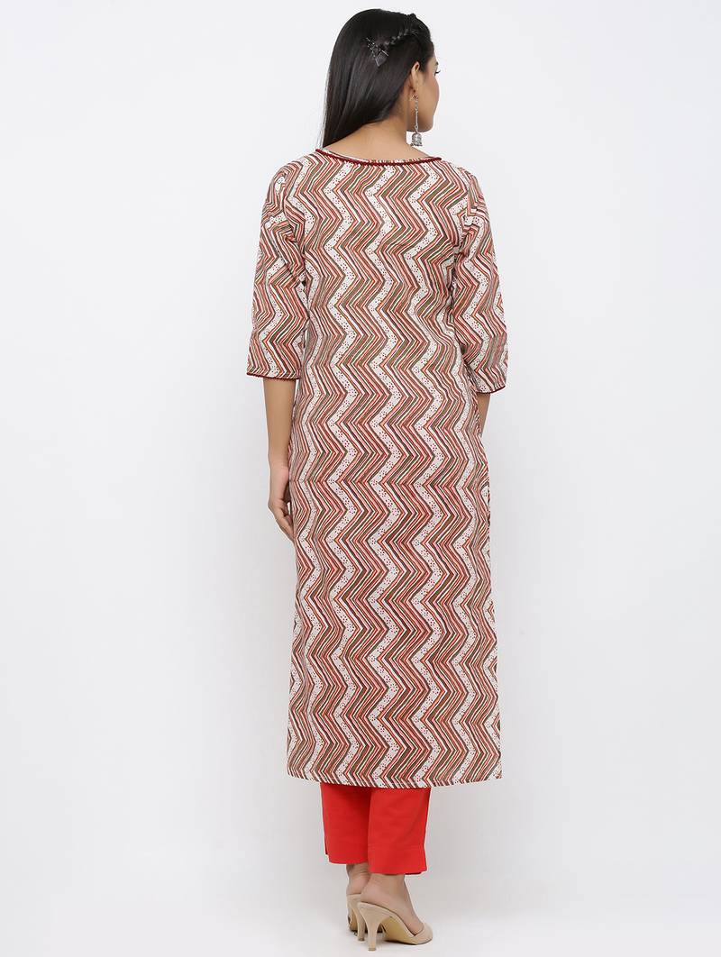 Women's White Cotton Printed & Embroidery Straight Kurta Pant Set