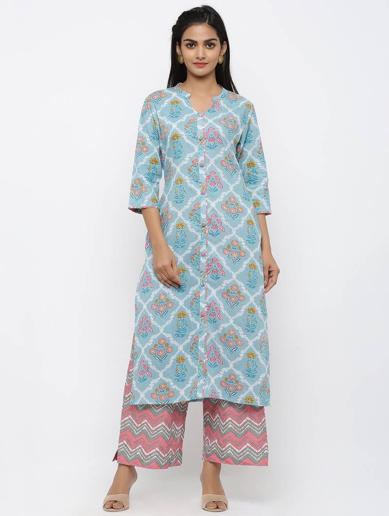 Women's Blue Cotton Printed Straight Kurta Palazzo Set