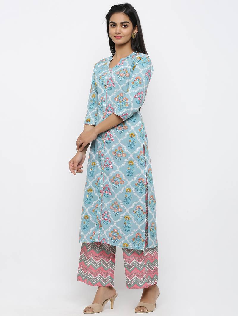 Women's Blue Cotton Printed Straight Kurta Palazzo Set