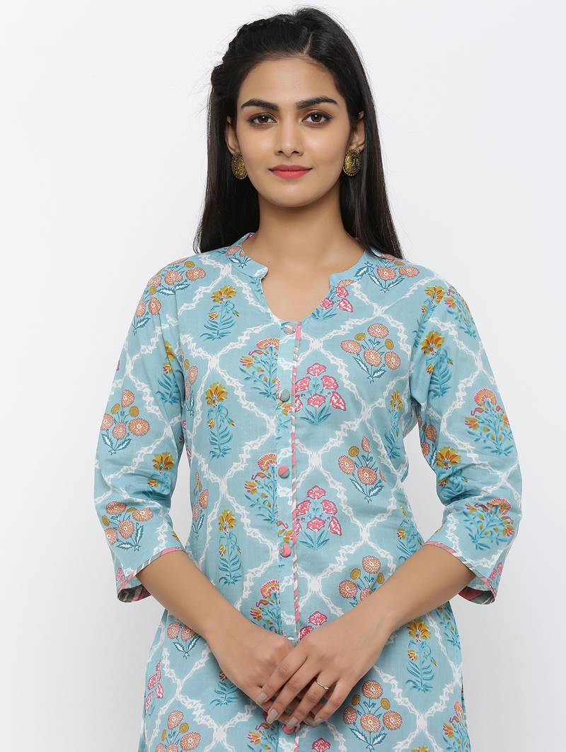 Women's Blue Cotton Printed Straight Kurta Palazzo Set