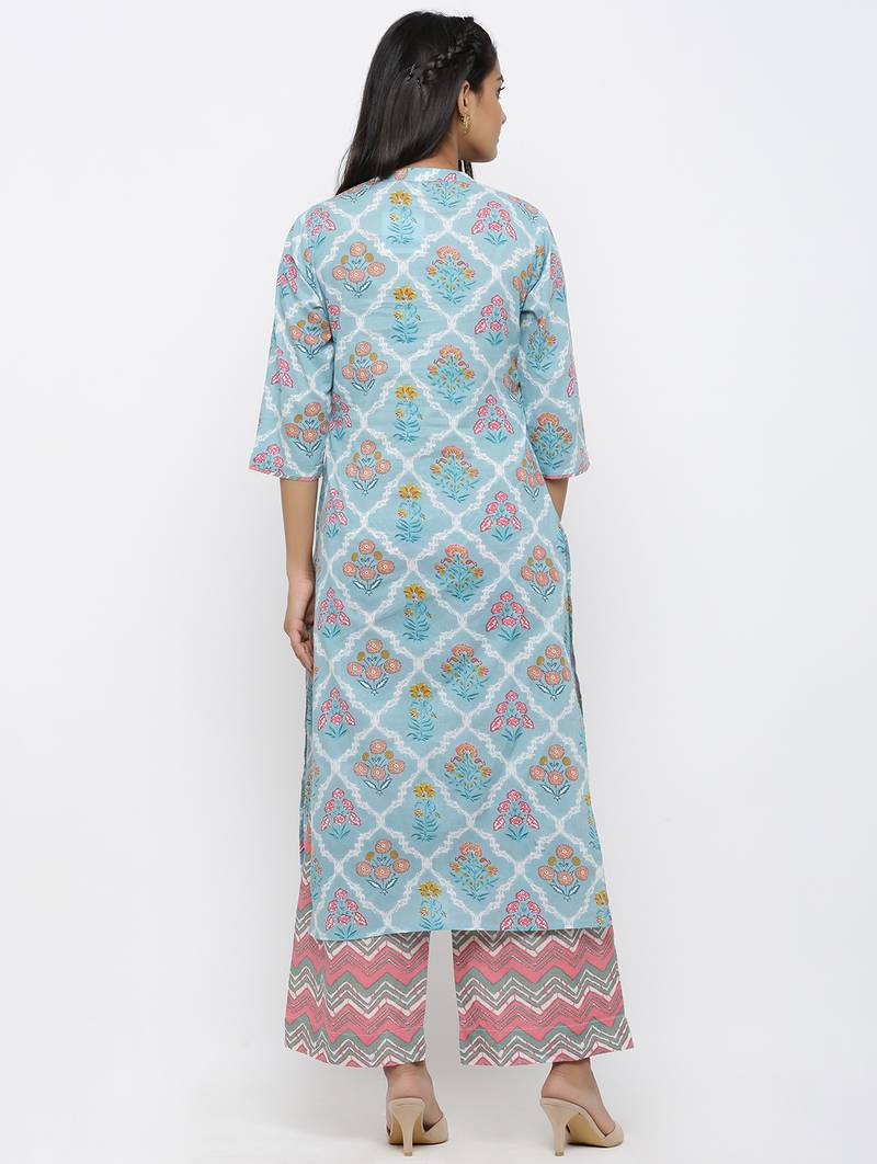 Women's Blue Cotton Printed Straight Kurta Palazzo Set