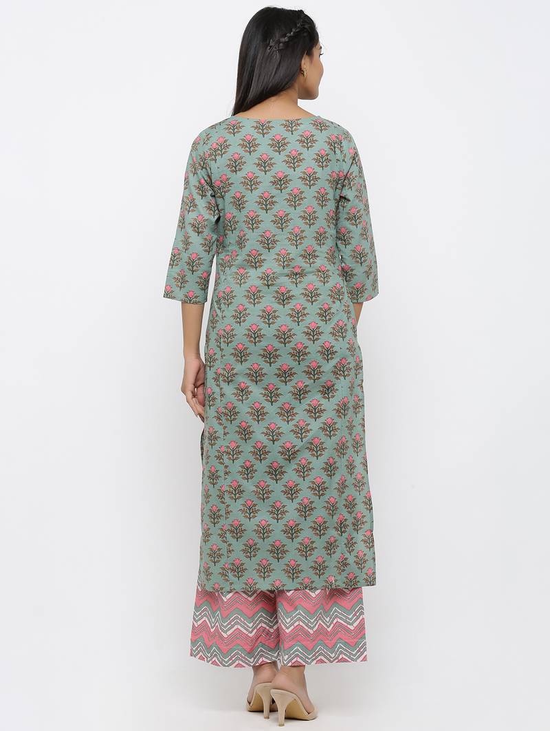 Women's Teal Cotton Printed Straight Kurta Palazzo Set