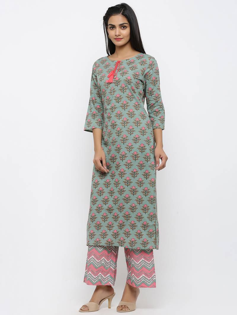 Women's Teal Cotton Printed Straight Kurta Palazzo Set