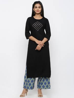 Women's Black Rayon Embroidery Straight Kurta Palazzo Set 1
